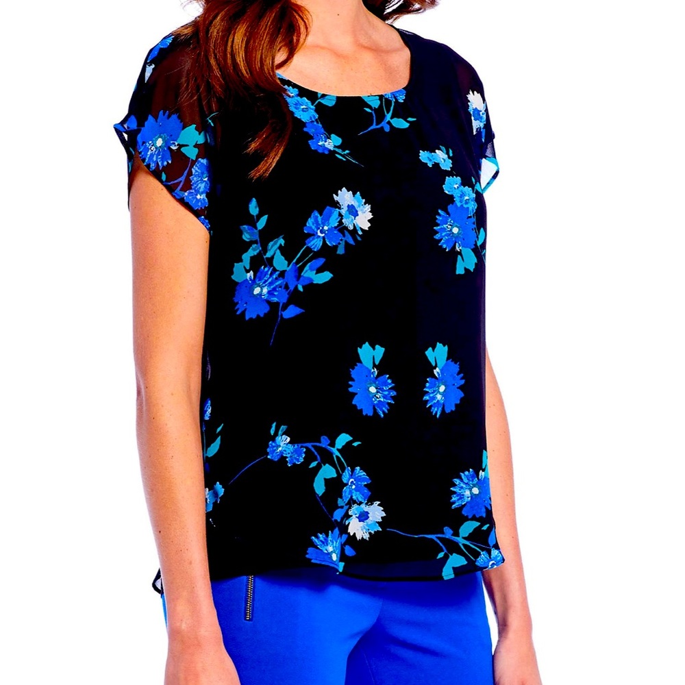 Calvin Klein Blouse Black and Blue Floral Sz M